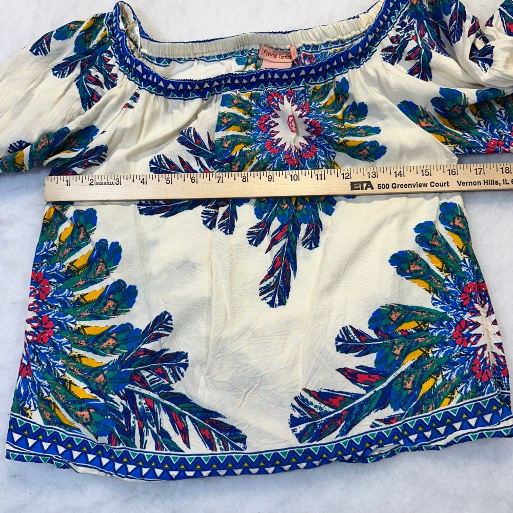 Flying Tomato Blouse Womens Small Cream Blue Feather Boho Festival IT10247-TJ - Picture 3 of 6